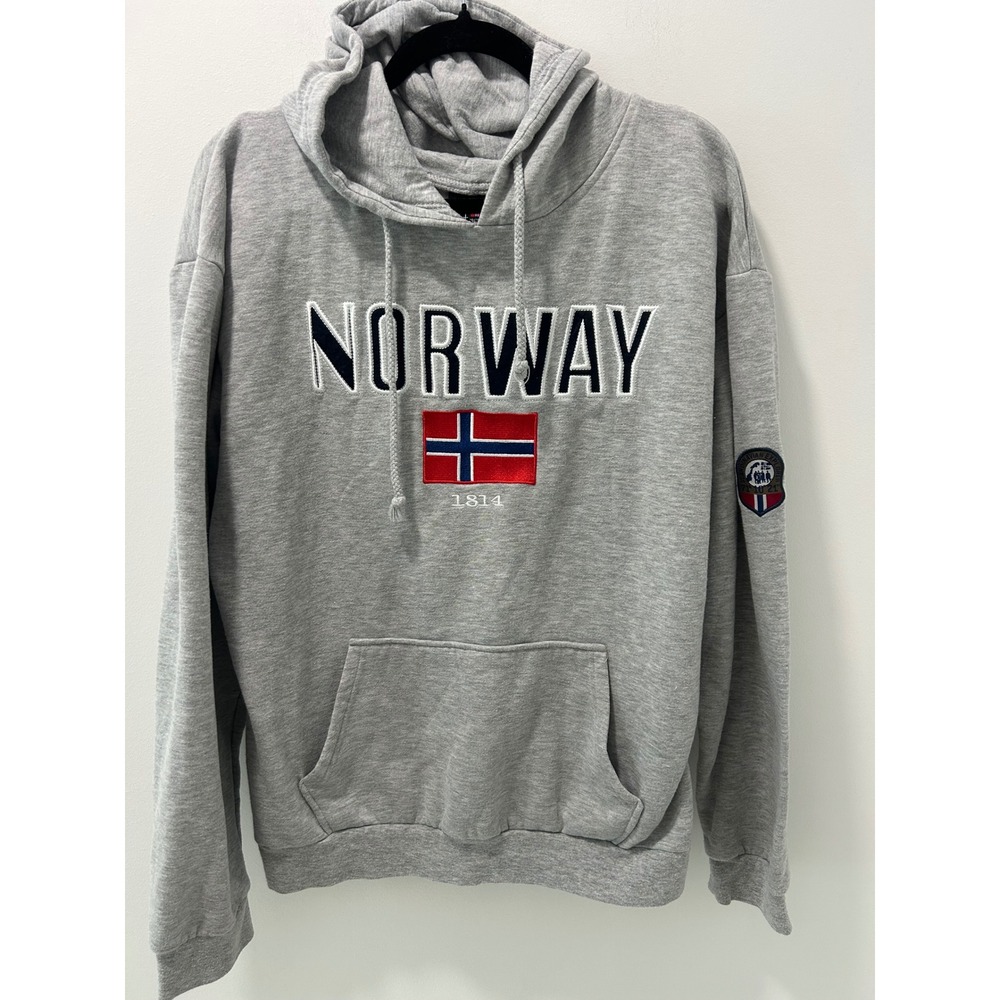 Scandinavian Explorer Norway Flag Hoodie Mens XL Gray Fleece Pullover 71°10'21"